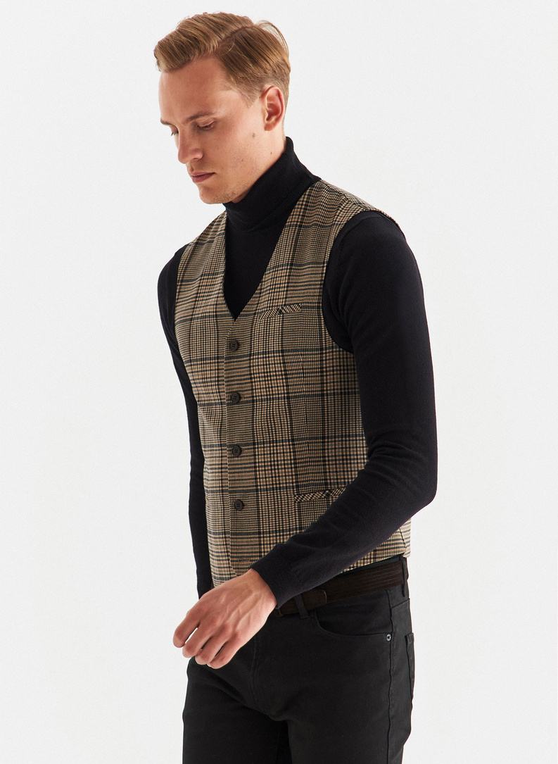 Kamizelka męska w beżowo-brązową kratę