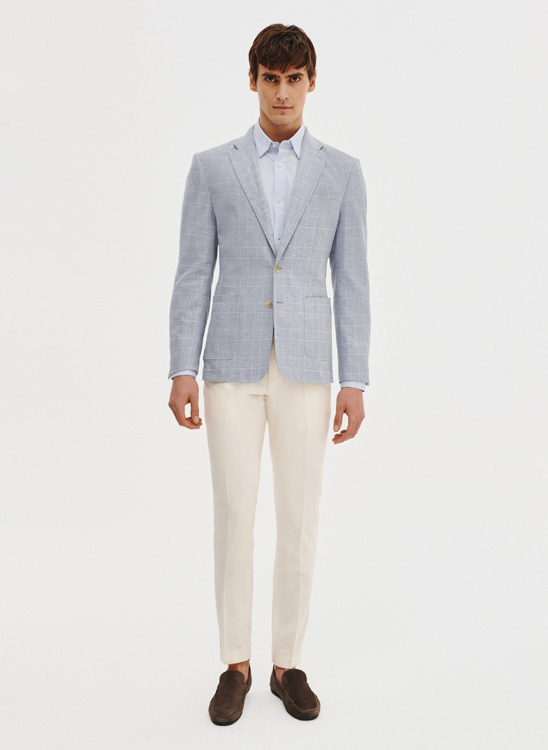 Niebieska marynarka z lnu w kratkę