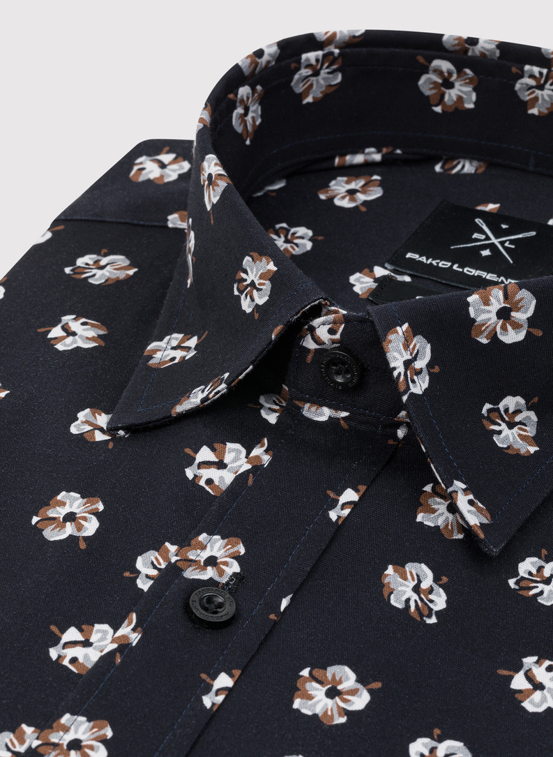 Granatowa koszula męska w wyraziste kwiaty