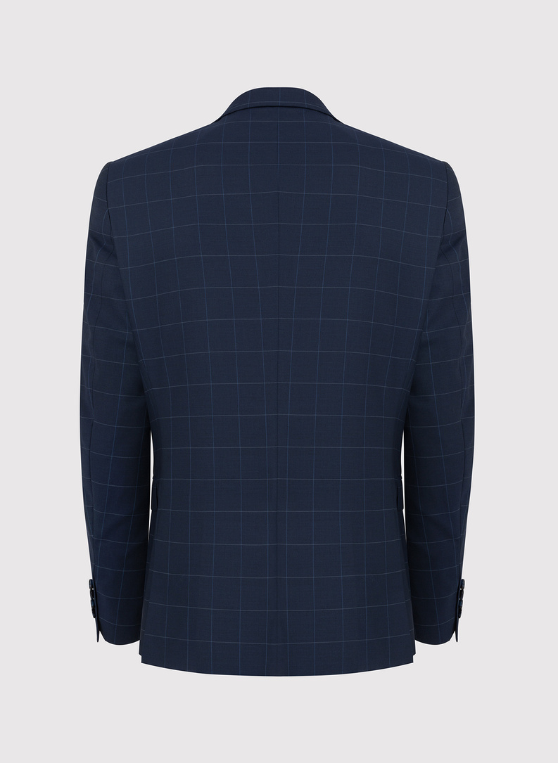Granatowy garnitur męski w delikatną kratę