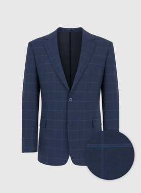 Dwuczęściowy granatowy garnitur męski w niebieską kratę