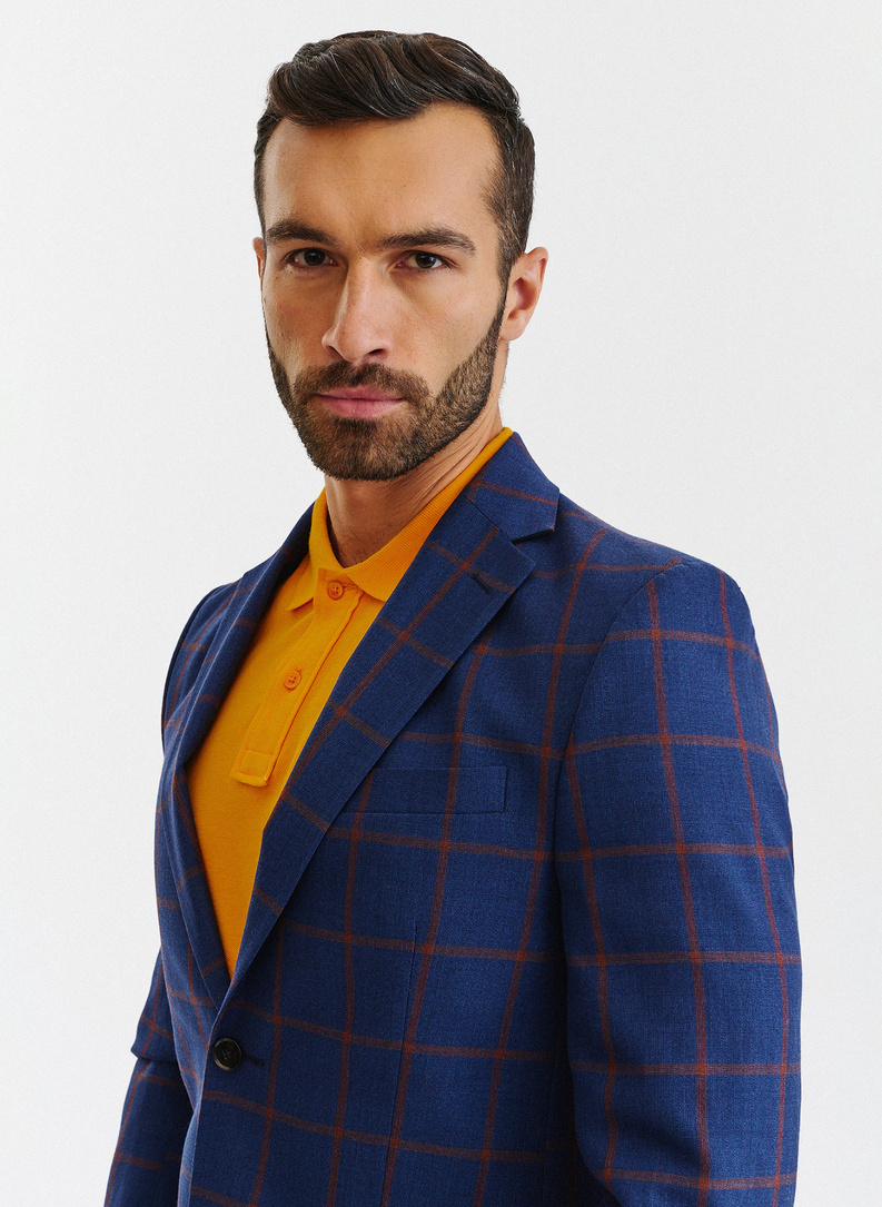 Granatowa casualowa marynarka męska w rudą kratę