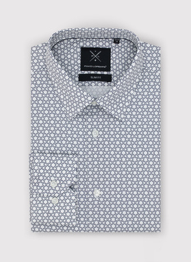 Biała koszula męska w granatowy wzór 