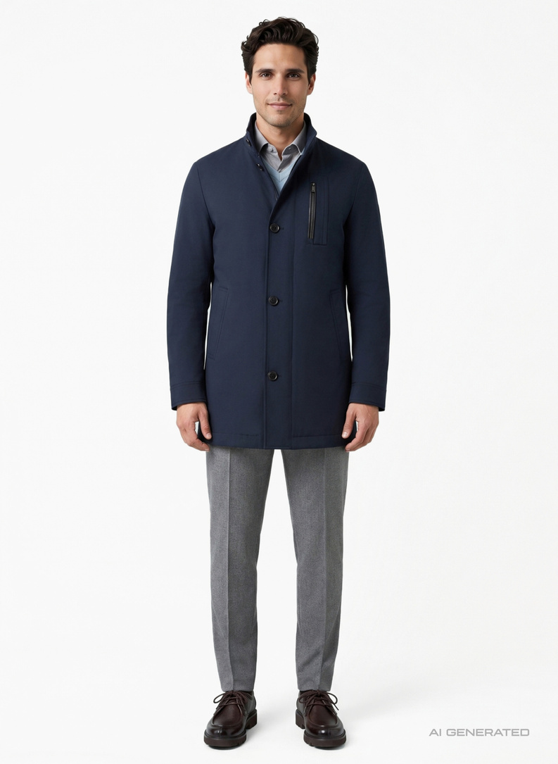 Granatowy płaszcz męski z stójką