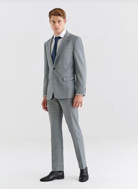 Szary garnitur męski w niebieską kratę
