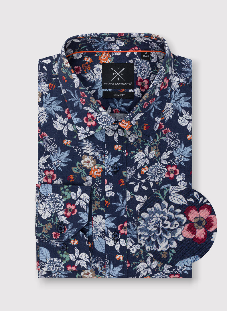 Granatowa koszula w kolorowy wzór