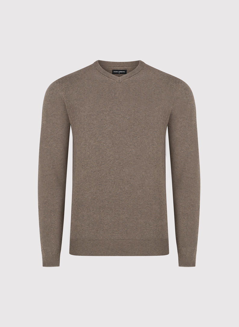 Brązowy męski sweter z dekoltem w serek