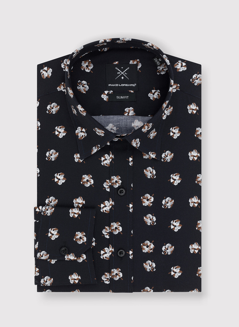 Granatowa koszula męska w wyraziste kwiaty