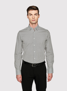 Biała koszula męska w granatowy wzór 