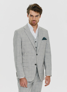 Dwuczęściowy szary garnitur męski w kratę