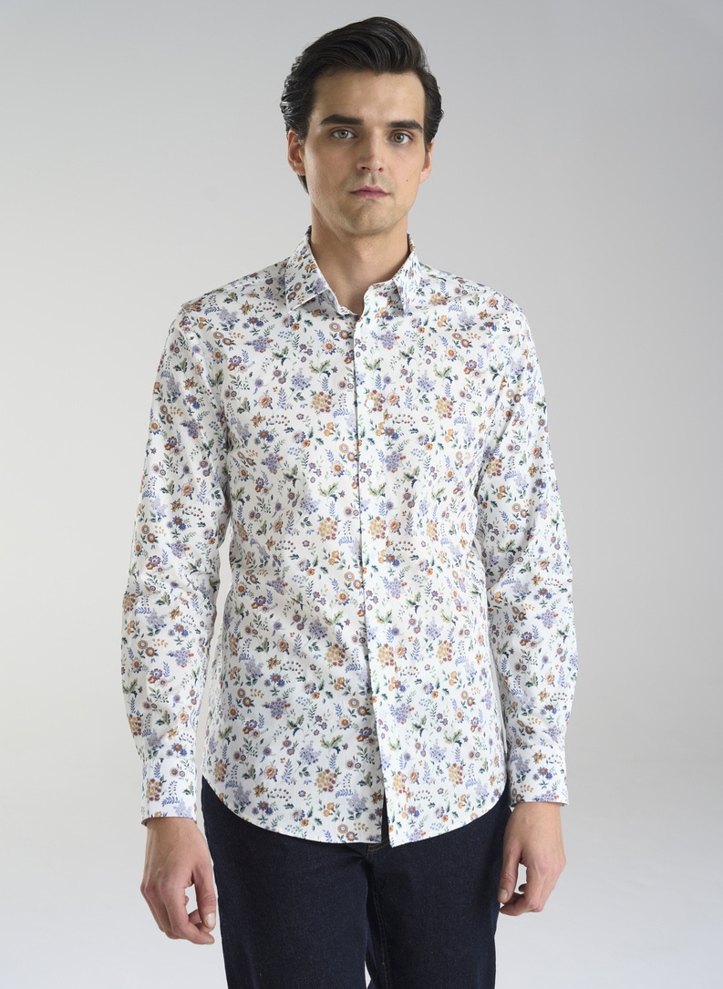 Biała męska koszula w kwiaty 