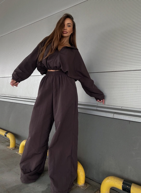 Brązowy komplet MIJAS szerokie spodnie i bluza oversize