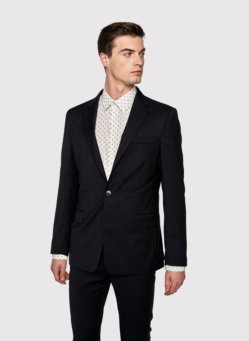 Granatowy wełniany garnitur w kratę