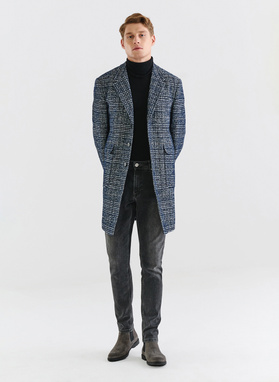 Granatowy męski płaszcz w kratę