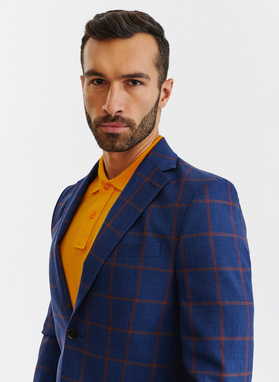 Granatowa casualowa marynarka męska w rudą kratę