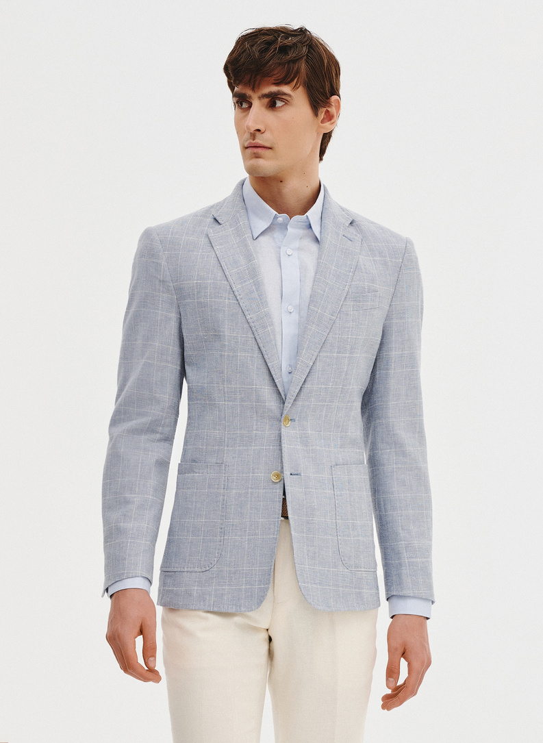 Niebieska marynarka z lnu w kratkę