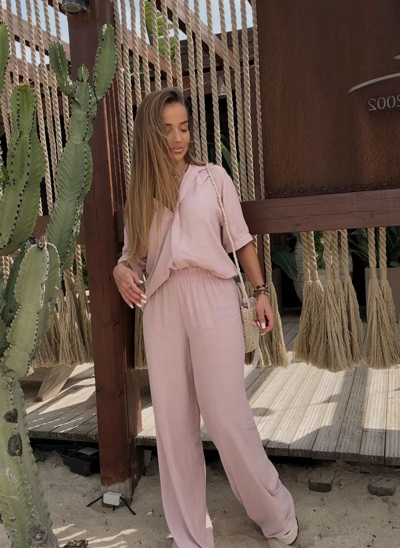 Lniany komplet damski CELEBRYTKA pudrowy róż