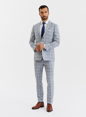 Szara marynarka garniturowa w niebiesko-białą kratę