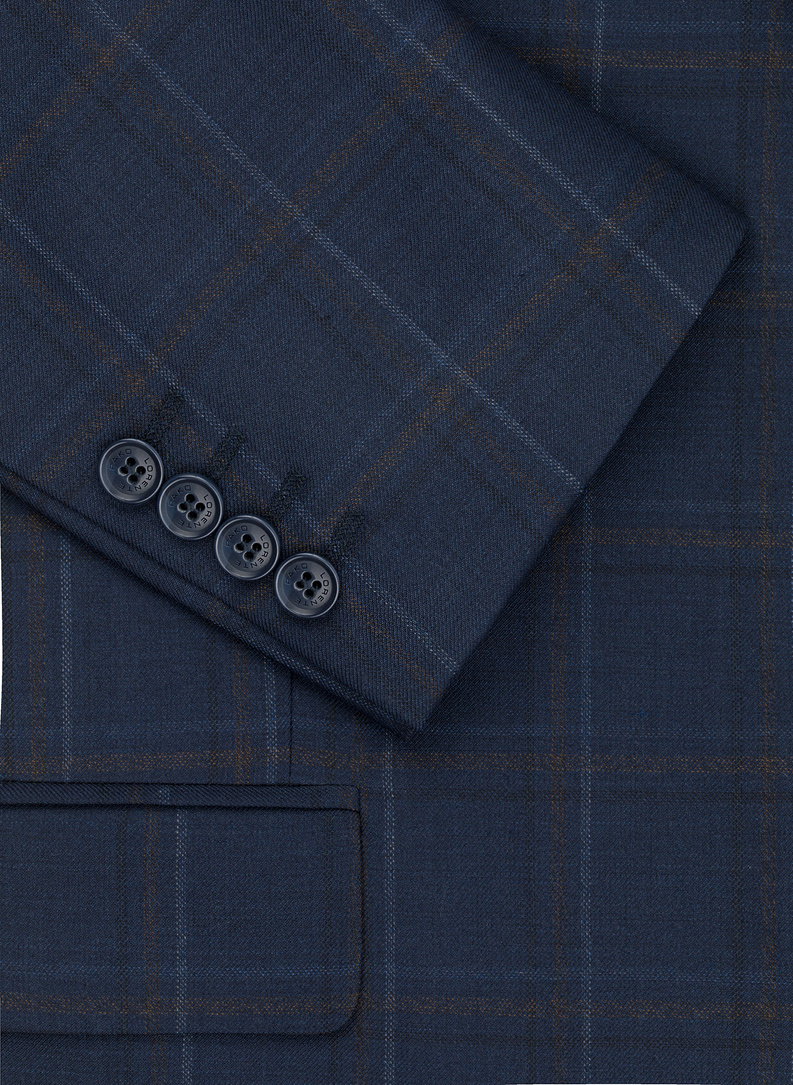 Dwuczęściowy granatowy garnitur męski w kraciasty deseń