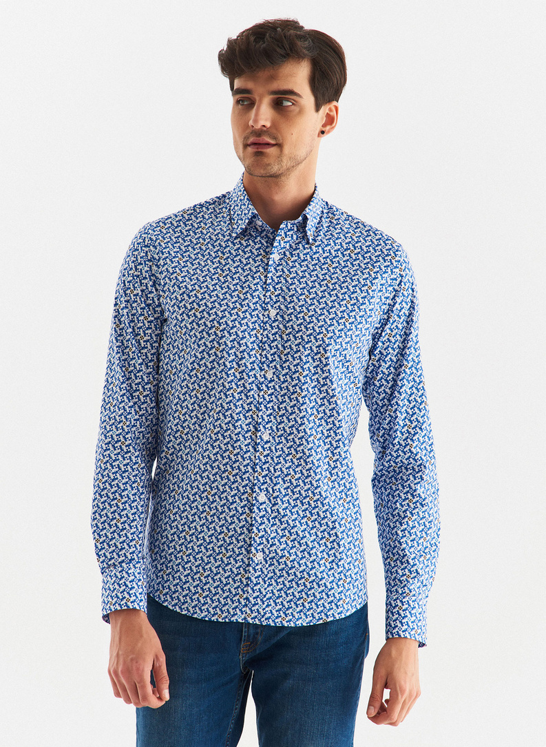 Koszula męska w biało-niebieski mikrowzór 