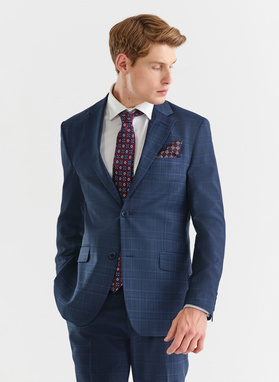 Granatowy garnitur w delikatną niebieską kratkę