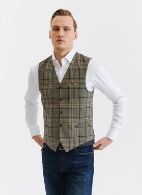 Kamizelka męska w beżowo-brązową kratę