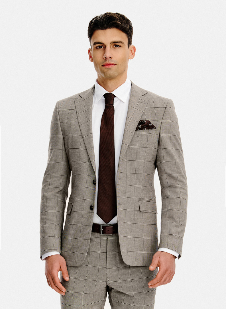 Brązowa marynarka garniturowa w kratę