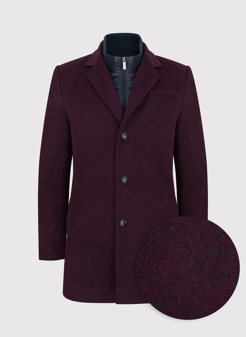 Bordowy płaszcz męski z odpinaną stójką