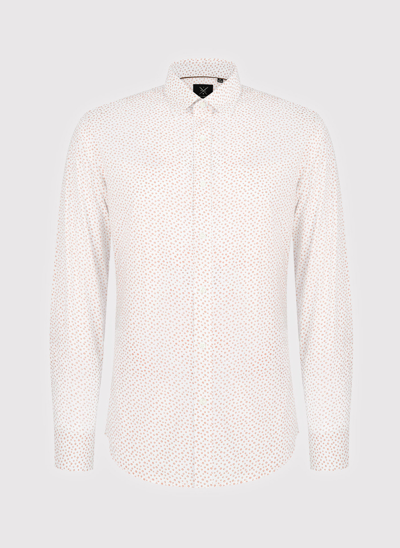 Biała koszula męska w pomarańczowy mikrowzór