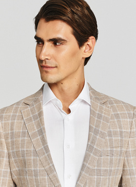 Beżowa marynarka w kratkę z lnem i bawełną