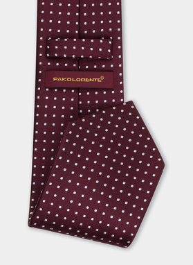 Jedwabny bordowy krawat w srebrne kropeczki