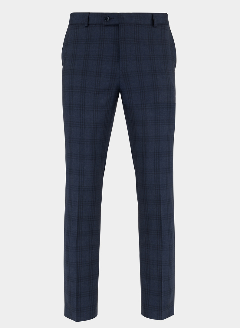 Wełniany granatowy garnitur w kratkę