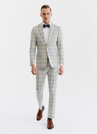 Beżowy garnitur w niebieską kratę