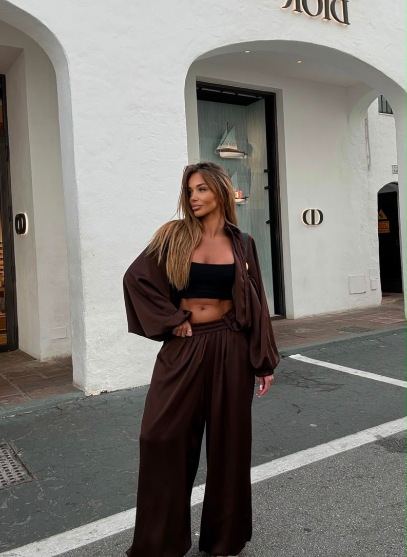 Komplet bluza i spodnie SATIN COZY brązowy