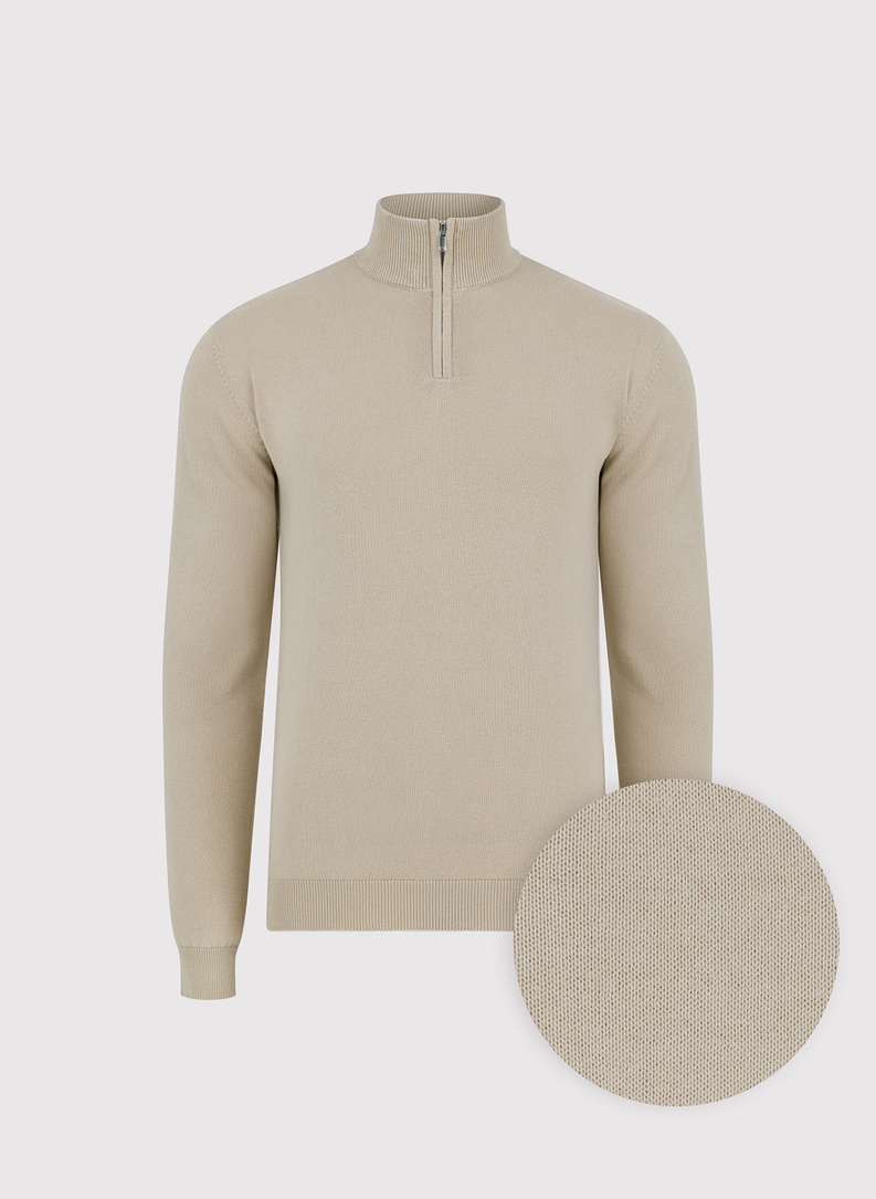 Bawełniany beżowy sweter męski z stójką