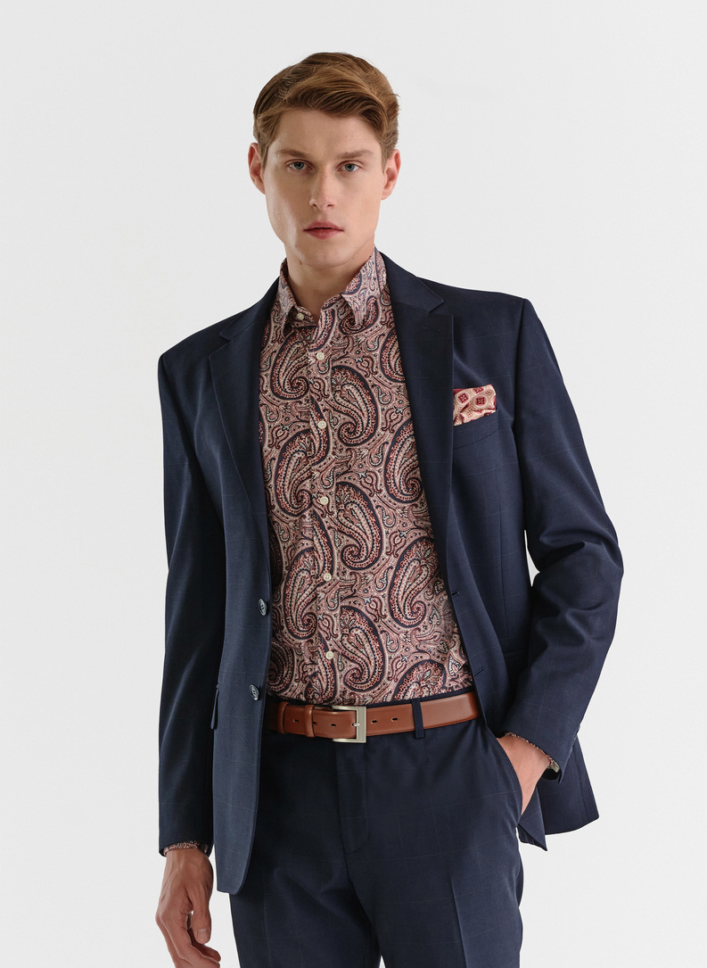 Granatowy garnitur w kratę Windowpane