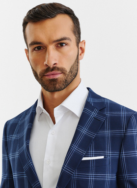 Granatowy garnitur męski w niebieską kratę