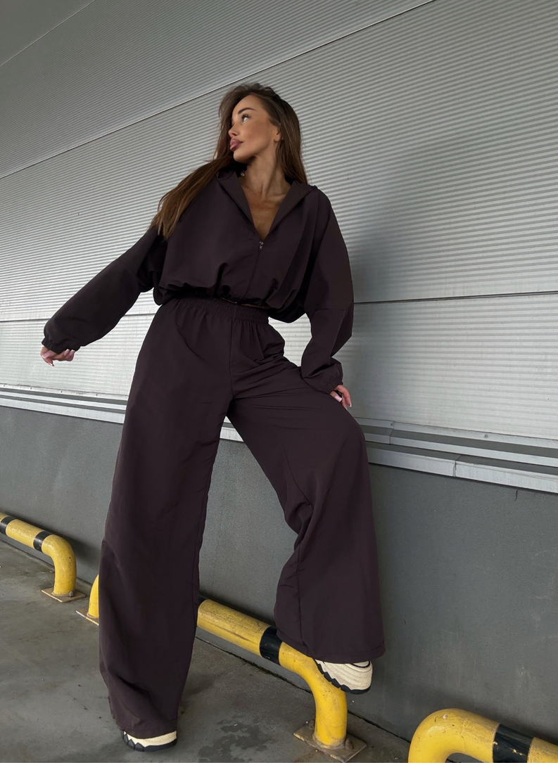 Brązowy komplet MIJAS szerokie spodnie i bluza oversize