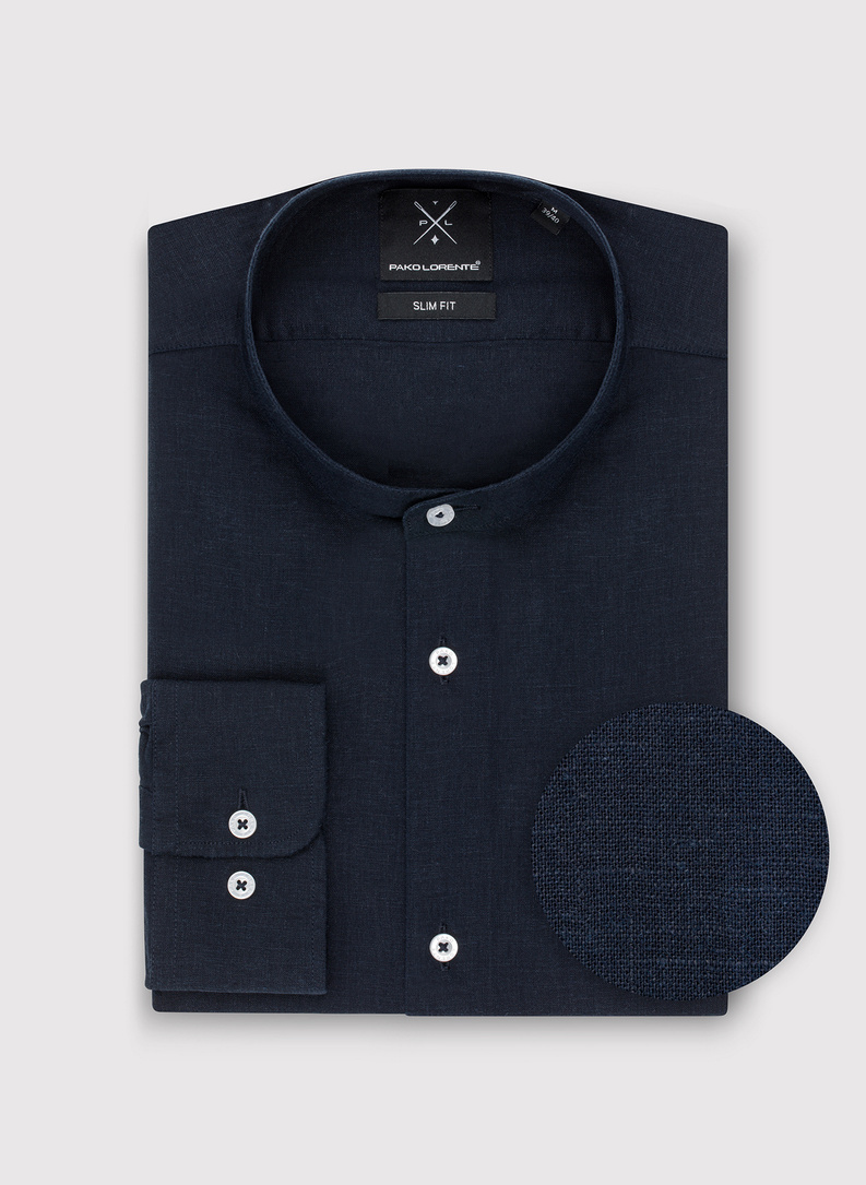 Lniana granatowa koszula męska ze stójką