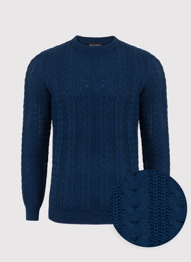 Granatowy sweter męski o warkoczowym splocie