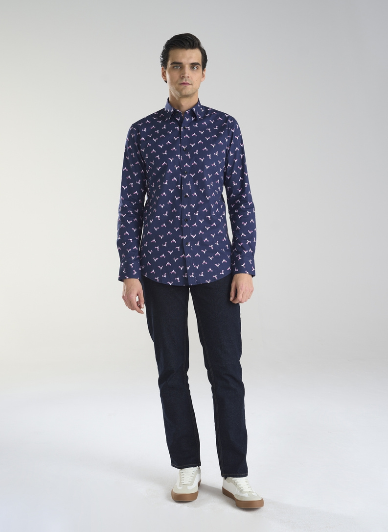 Granatowa koszula w kolibry