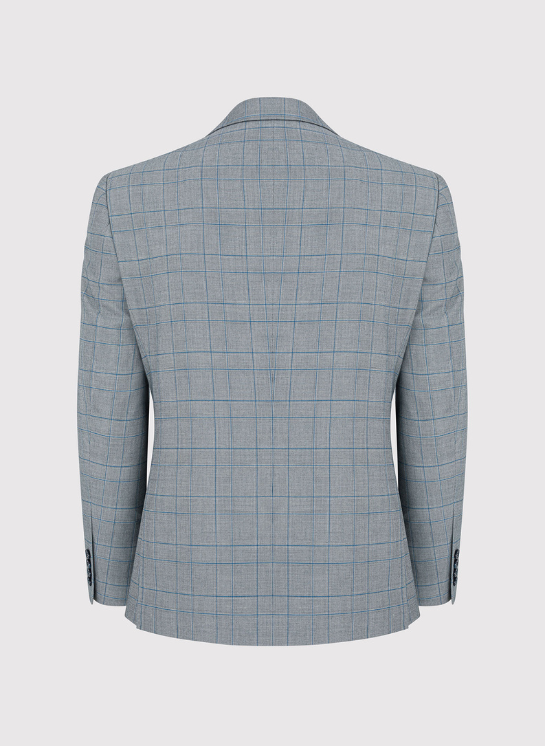 Szary garnitur męski w niebieską kratę