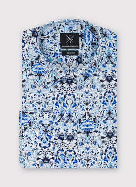 Biała koszula męska w niebieski roślinny wzór