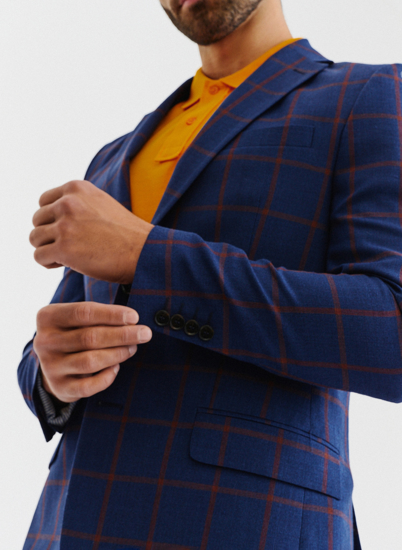 Granatowa casualowa marynarka męska w rudą kratę