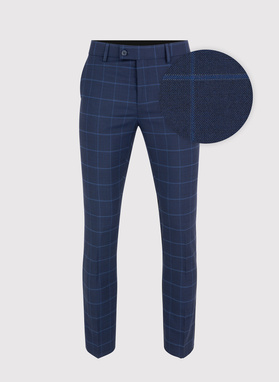 Dwuczęściowy granatowy garnitur męski w niebieską kratę