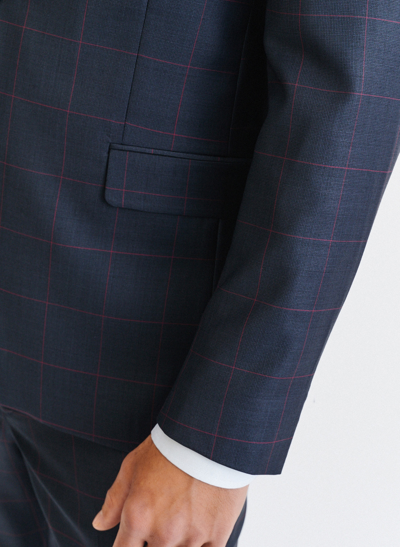 Granatowa marynarka garniturowa w bordową kratę Windowpane