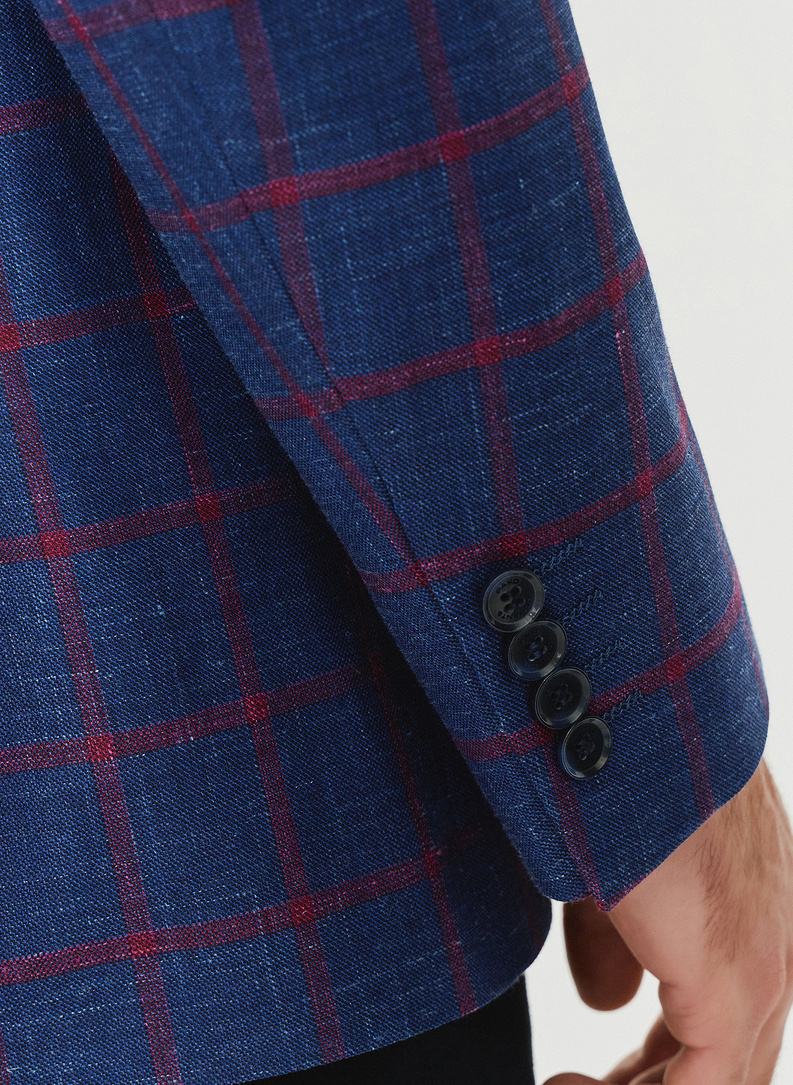 Granatowa marynarka w czerwoną kratę