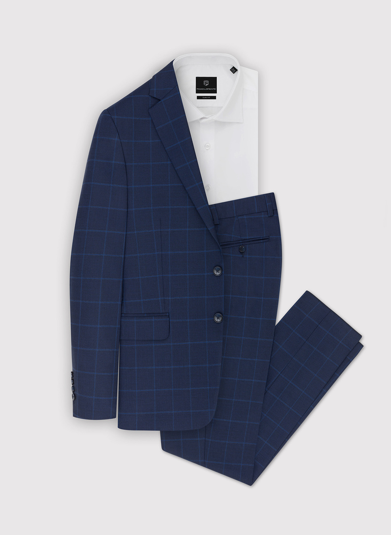 Dwuczęściowy granatowy garnitur męski w niebieską kratę