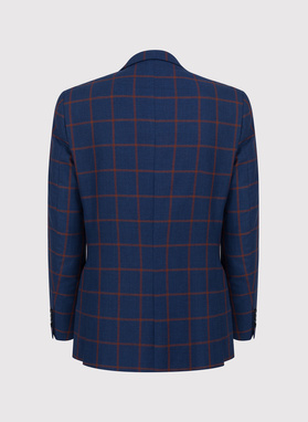 Granatowa casualowa marynarka męska w rudą kratę