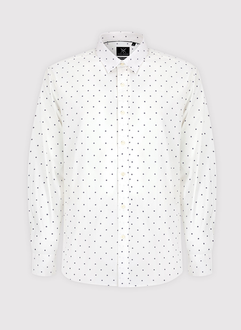 Biała koszula męska w granatowy drobny print 